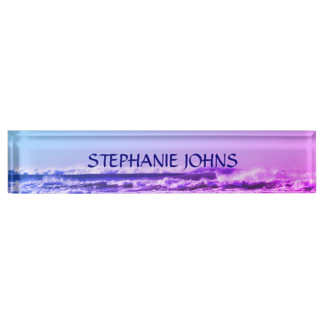 Beach Ocean Wave Monogrammed Name Water Pink Ombre Nameplate (Front)