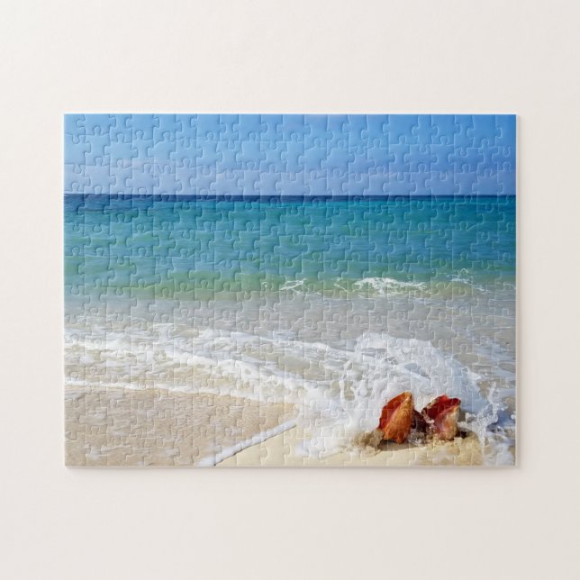 Beach Ocean Wave over Conch Seashells Jigsaw Puzzle (Horizontal)