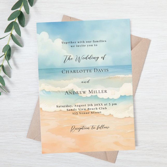 Beach ocean waves blue beige luxury wedding invitation (Creator Uploaded)
