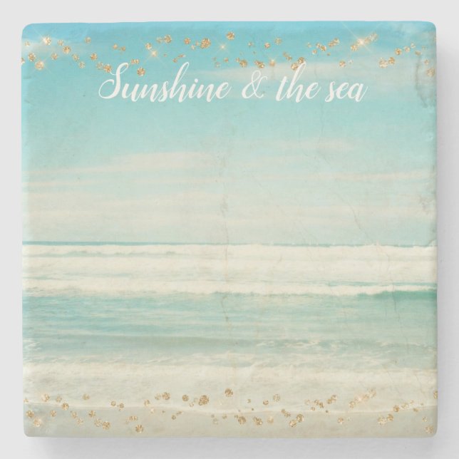 Beach Ocean Waves Gold Confetti     Stone Coaster (Front)