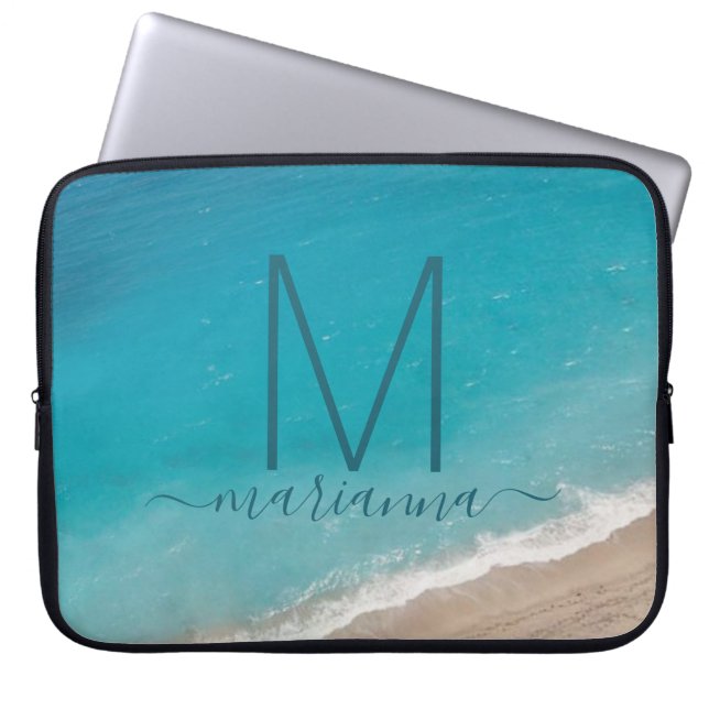 Beach Ocean Waves Teal Personalised Laptop Sleeve (Front)
