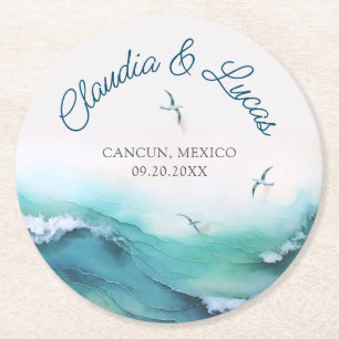 Beach Ocean Waves Wedding Round Paper Coaster