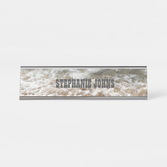 Beach Ocean White Waves Monogram Grey Custom Name Desk Name Plate (Front)
