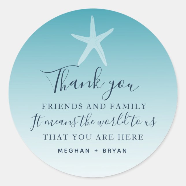Beach Ombre Starfish Thank You Wedding Favour Classic Round Sticker (Front)
