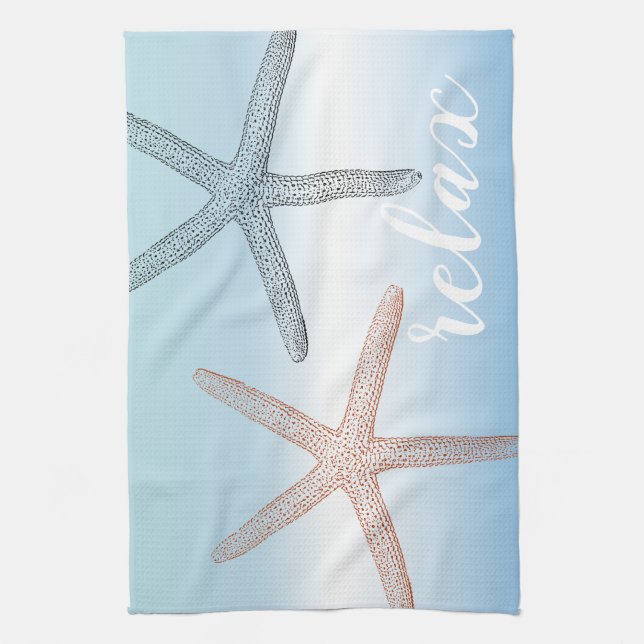 Beach Orange Blue Starfish Relax Tea Towel (Vertical)