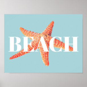 Beach Orange Starfish & Cyan Blue Poster