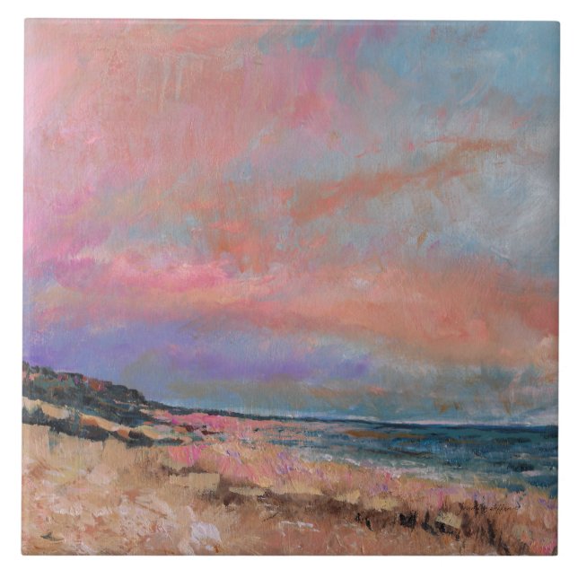 Beach Painting Coastal Pink Clouds Tile (Front)