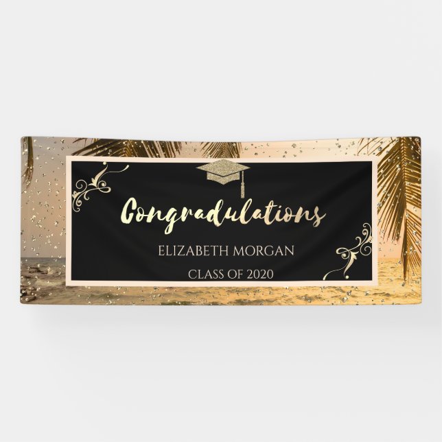 Beach Palm  Glitter Graduate Cap, Confetti Banner (Horizontal)
