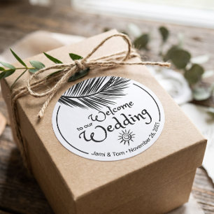 Beach Palm Leaf Black and White Wedding Welcome Classic Round Sticker