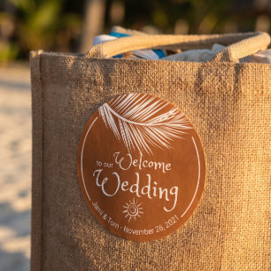 Beach Palm Leaf Burnt Orange Wedding Welcome Classic Round Sticker
