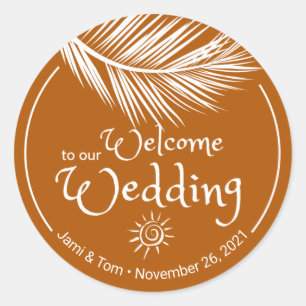 Beach Palm Leaf Burnt Orange Wedding Welcome Classic Round Sticker