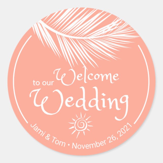 Beach Palm Leaf Coral Wedding Welcome stickers (Front)