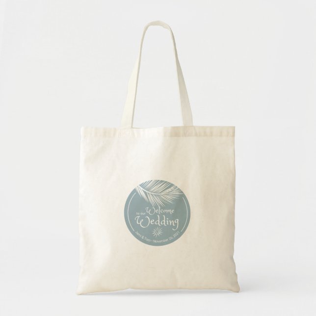 Beach Palm Leaf Dusty Blue Wedding Welcome Bag (Front)