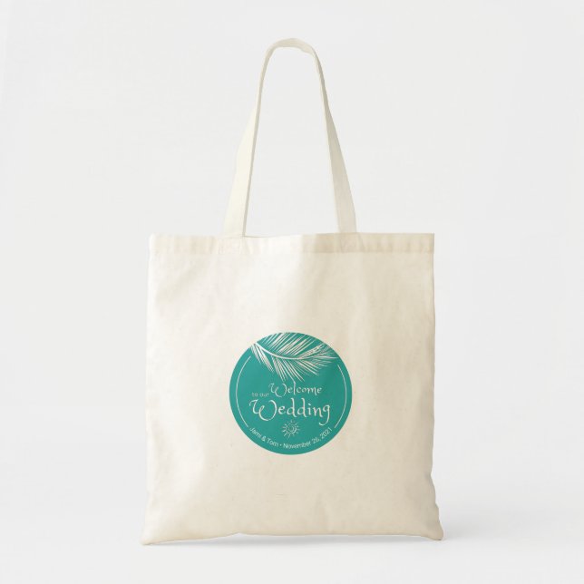 Beach Palm Leaf Turqoise Wedding Welcome Bag (Front)