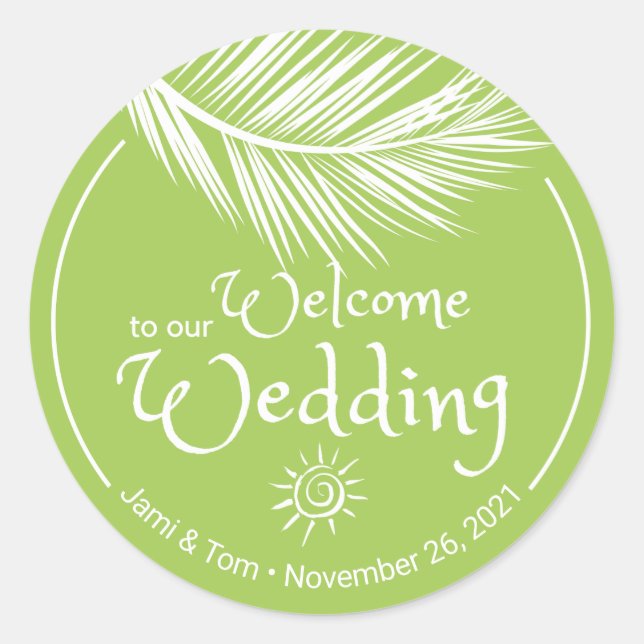 Beach Palm Leaf Yellow Green Wedding Welcome Classic Round Sticker (Front)