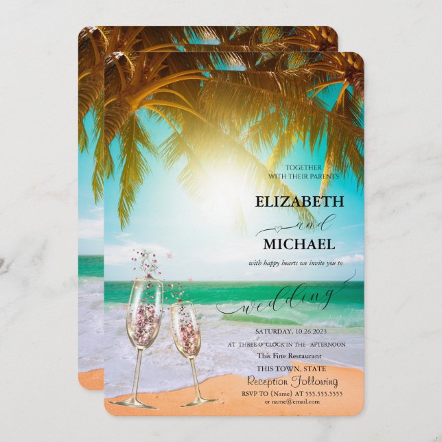 Beach,Palm,Sun, Lights,Glass Script Wedding Invitation (Front/Back)