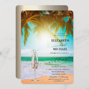 Beach,Palm,Sun,String Lights,Glass Script Wedding Invitation