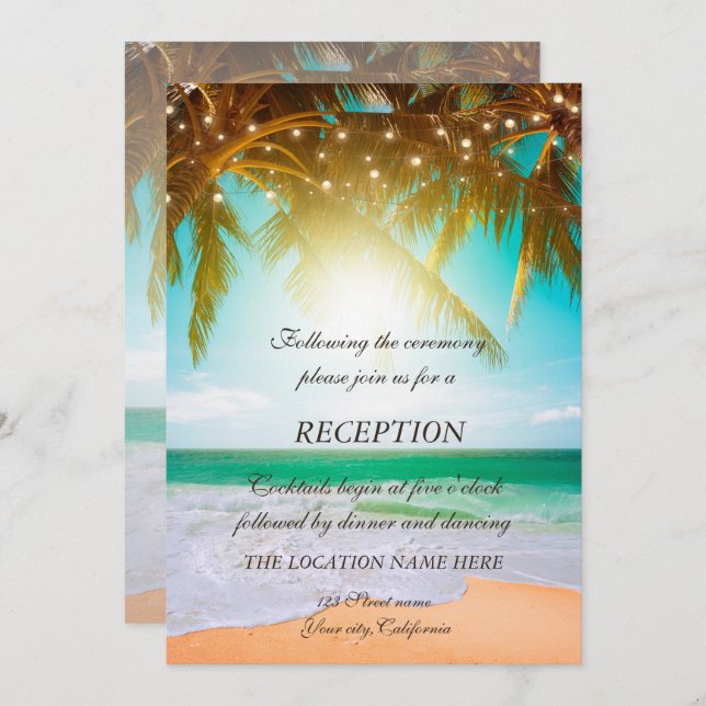 Beach,Palm,Sun,String Lights Script Reception  Invitation (Front/Back)