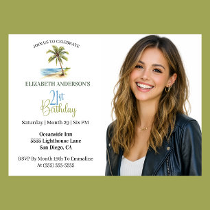 Beach Palm Tree 21st Birthday Photo Invitation