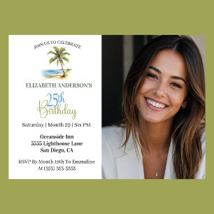 Beach Palm Tree 25th Birthday Photo Invitation