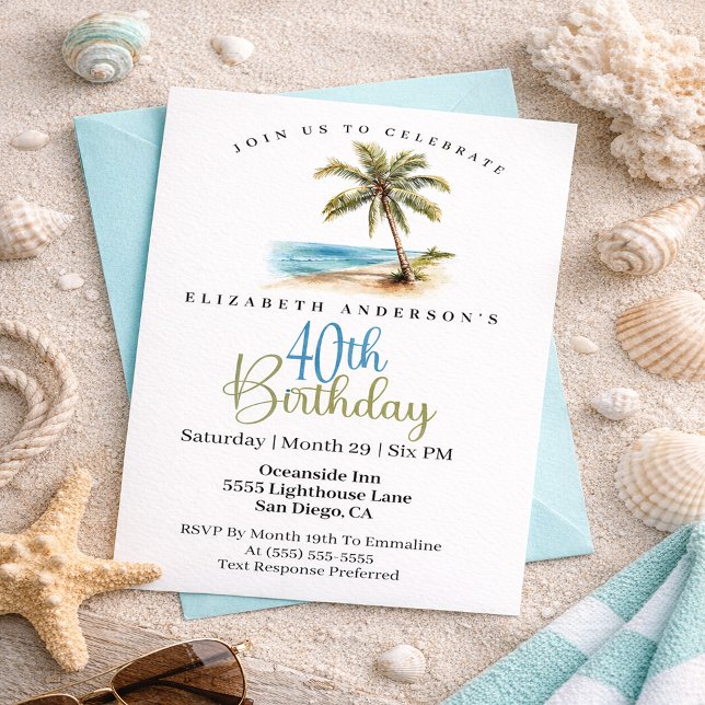 Beach Palm Tree 40th Birthday Invitation (Tropical beach palm tree 40th birthday invitation with coastal ocean theme and elegant typography
)