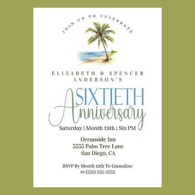 Beach Palm Tree 60th Wedding Anniversary Invitation (Tropical beach palm tree 60th wedding anniversary invitation coastal seaside theme
)