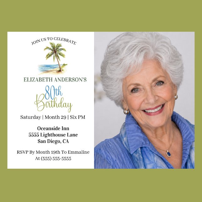 Beach Palm Tree 80th Birthday Photo Invitation (Elegant coastal 80th birthday photo invitation with tropical palm tree beach design and ocean theme )