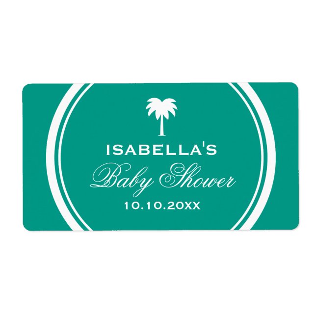 Beach palm tree baby shower water bottle labels (Front)