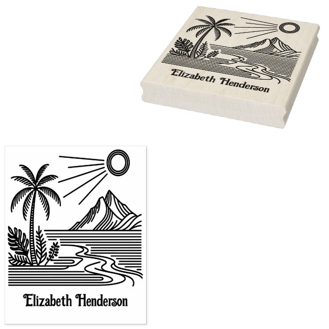 Beach Palm Tree Mountain SQ Library Book Name Rubber Stamp (Stamped)
