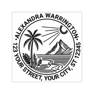 Beach Palm Tree Mountain Sun Name Return Address Self-inking Stamp