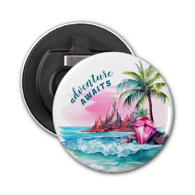 Beach Palm Tree Mountain View Adventure Awaits Bottle Opener (Front)