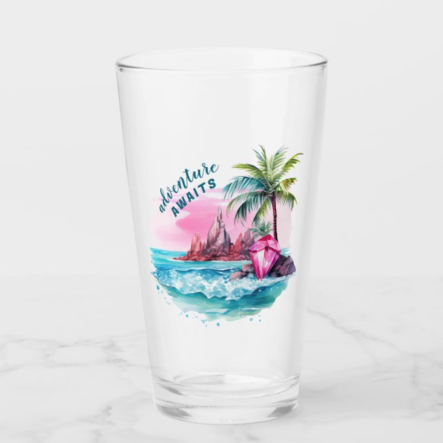 Beach Palm Tree Mountain View Adventure Awaits Glass (Front)