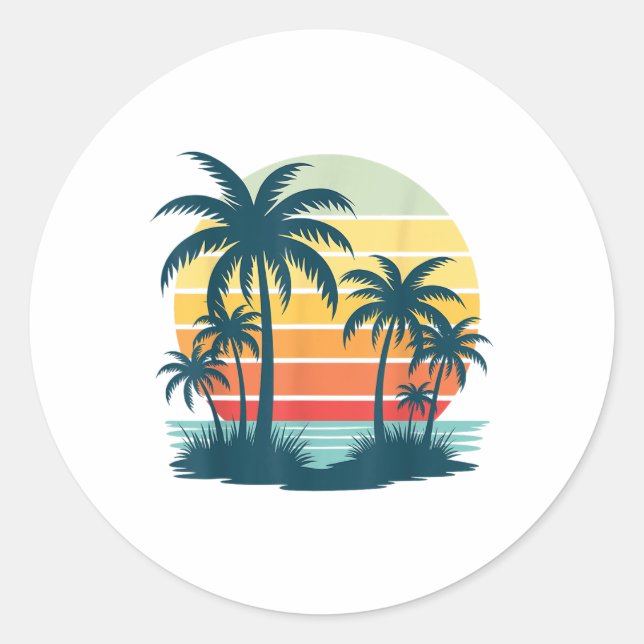Beach Palm Tree Sunset Graphic Tropical Summer Vac Classic Round Sticker (Front)