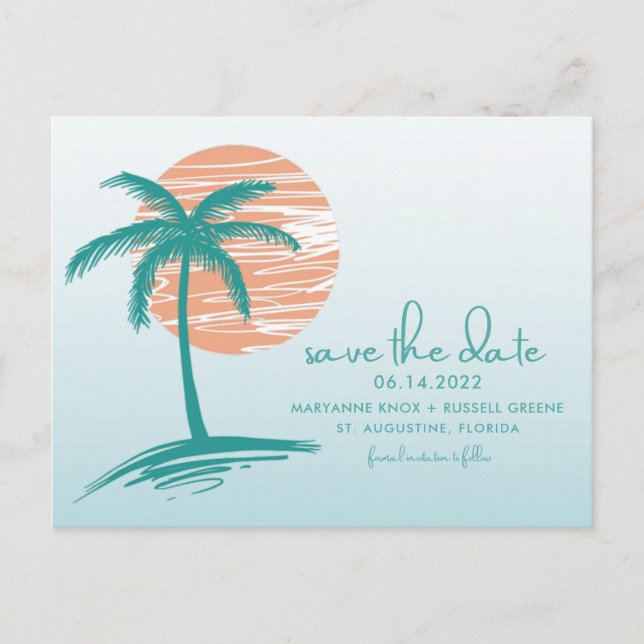 Beach Palm Tree Wedding Save the Date Postcard (Front)