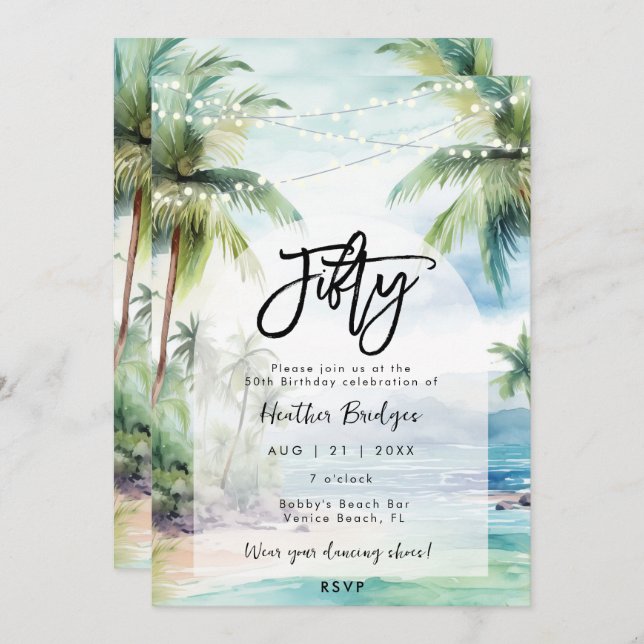 beach palm trees 50th birthday party invitation (Front/Back)