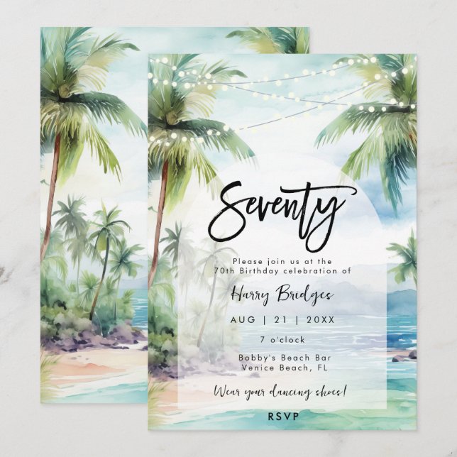 beach palm trees 70th birthday party invitation (Front/Back)