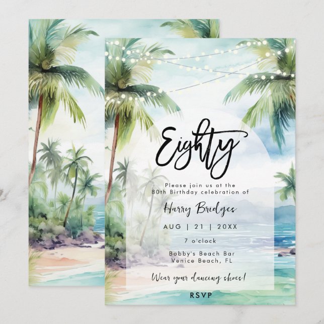 beach palm trees 80th birthday party invitation (Front/Back)