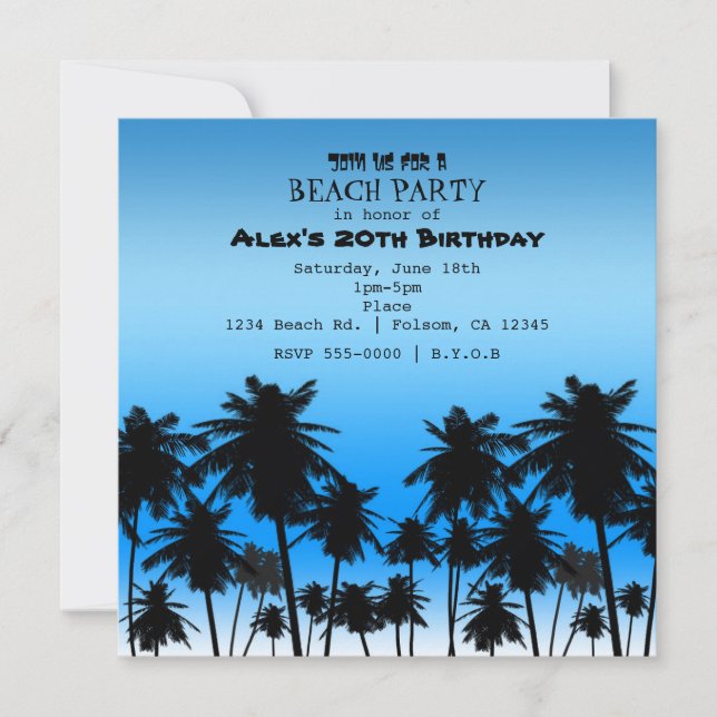 Beach Palm Trees Black & Blue Birthday Party Invitation (Front)