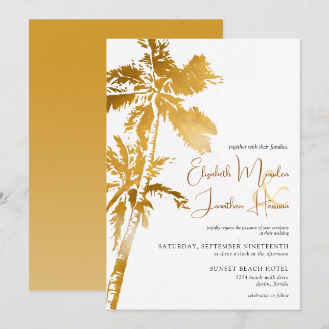 Beach Palm Trees Gold Tropical Destination  Invitation (Front/Back)