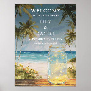 Beach Palm Trees Mason Jar Wedding Welcome Sign
