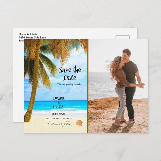 Beach, Palm Trees, Ocean, Save the Date Wedding Postcard (Front/Back)