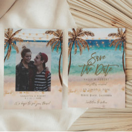 beach palm trees photo save the date card