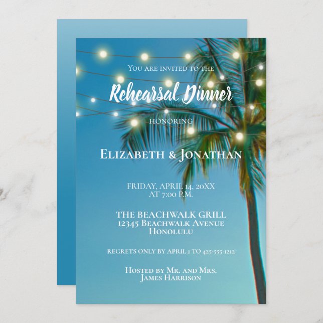Beach Palm Trees String Lights Rehearsal Dinner Invitation (Front/Back)