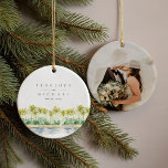 Beach Palm Trees Tropical Watercolor Wedding Photo Ceramic Tree Decoration<br><div class="desc">Watercolor painted beach palm trees make this chic and tropical ornament the perfect wedding momento to open year after year. Painting inspired by Santa Barbara's coastline. Full matching wedding suite available.</div>
