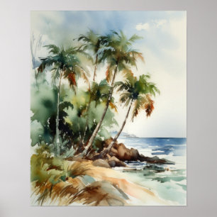 Beach Palm Trees Watercolor Art Print Poster