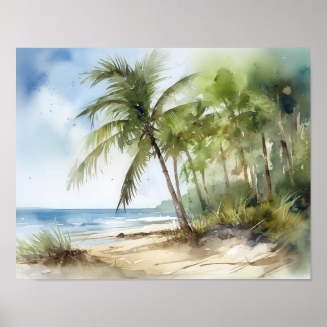 Beach Palm Trees Watercolor Art Print Poster (Front)