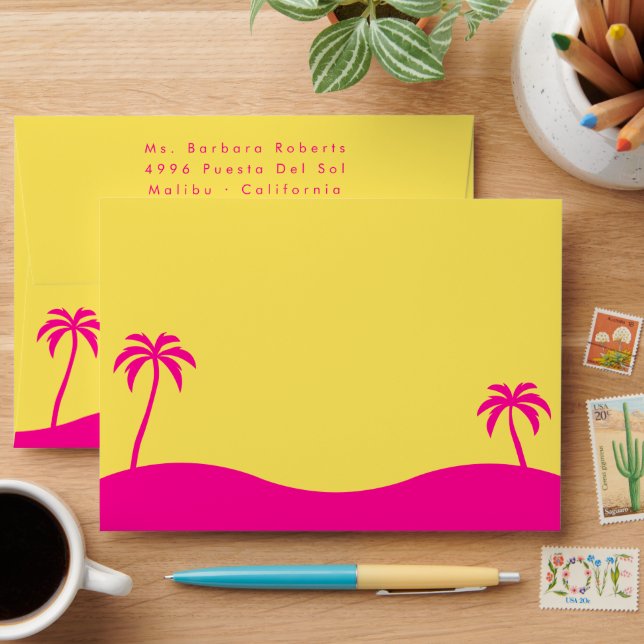 Beach Palm Trees Yellow Pink Birthday RSVP Envelope (Desk)