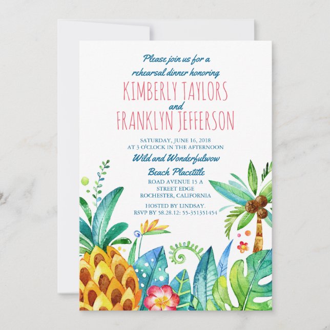 beach palms pineapple watercolor rehearsal dinner invitation (Front)