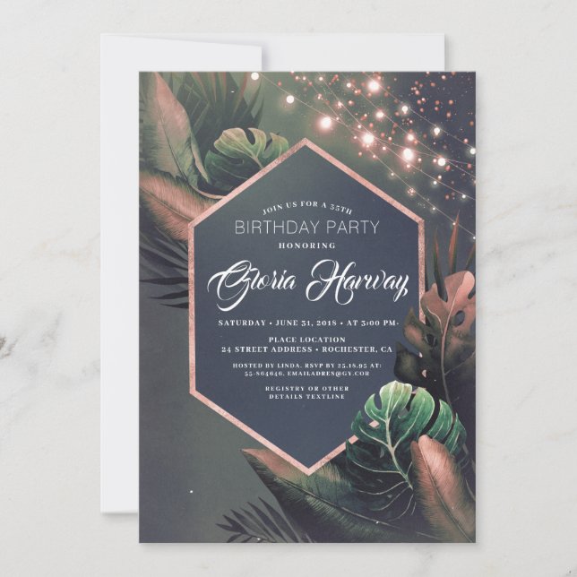 Beach Palms String Lights Pink Birthday Invitation (Front)