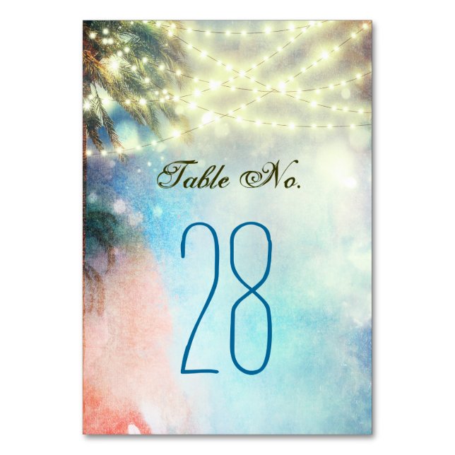 Beach Palms String Lights Wedding Table Number (Front)